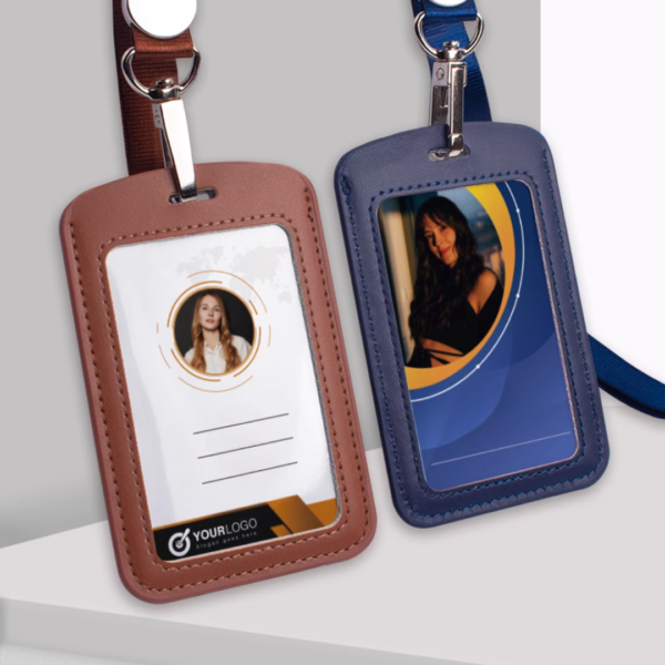 Leather Badge Card Sleeve With Lanyard Metal Flat Buckle With Custom Logo