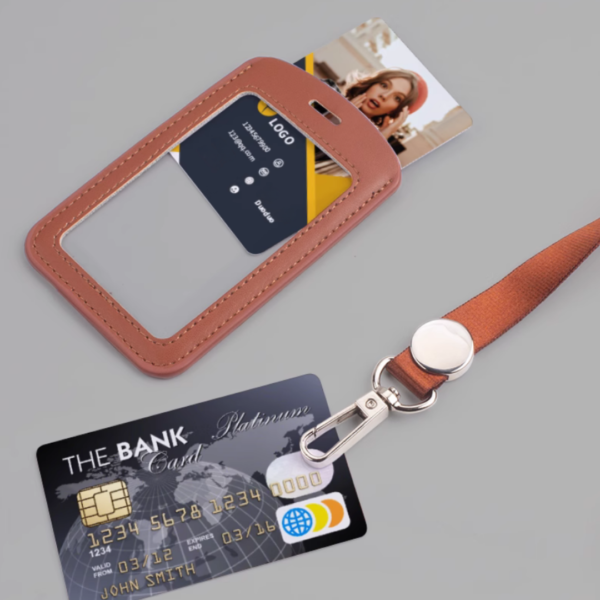 Leather Badge Card Sleeve With Lanyard Metal Flat Buckle With Custom Logo