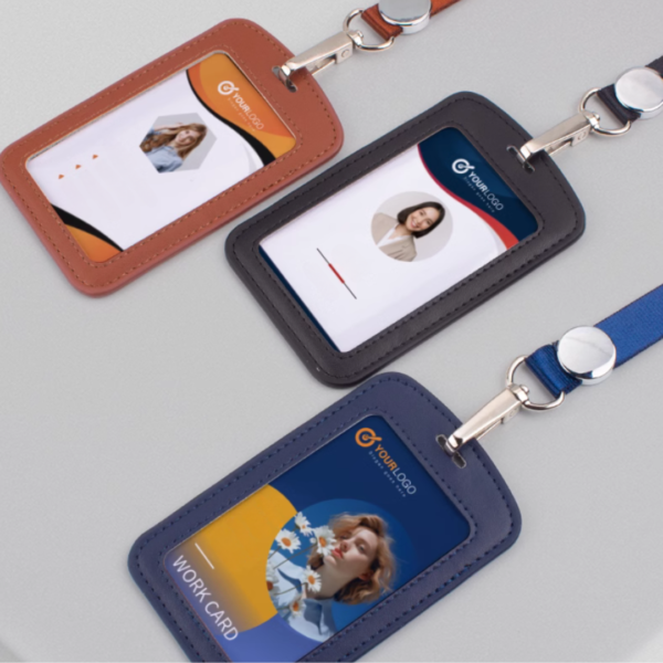 Leather Badge Card Sleeve With Lanyard Metal Flat Buckle With Custom Logo